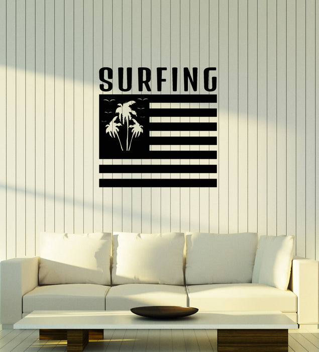 Vinyl Wall Decal Surfing Flag Palms Beach Style Surf Surfer Room Decor Stickers Mural (ig6078)