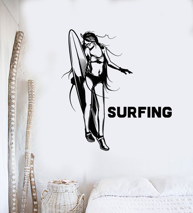 Vinyl Wall Decal Beach Sea Style Surfer Surfing Girl Surfboard Stickers Mural (g4296)