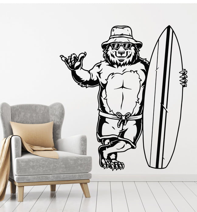 Vinyl Wall Decal Surfing Vintage Cute Bear Surf Beach Sport Stickers Mural (g7488)