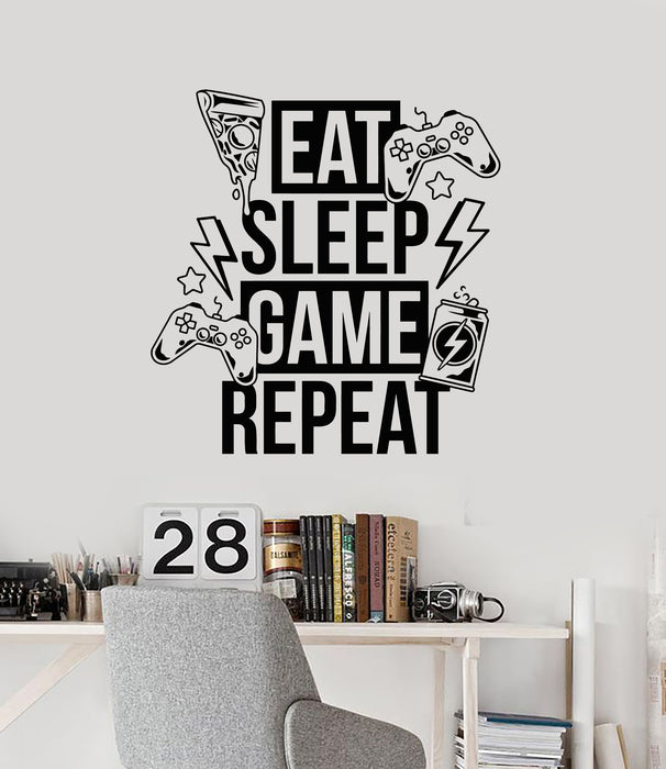 Vinyl Wall Decal Eat Sleep Game Repeat Video Games Joystick Gaming Room Stickers Mural (g1939)