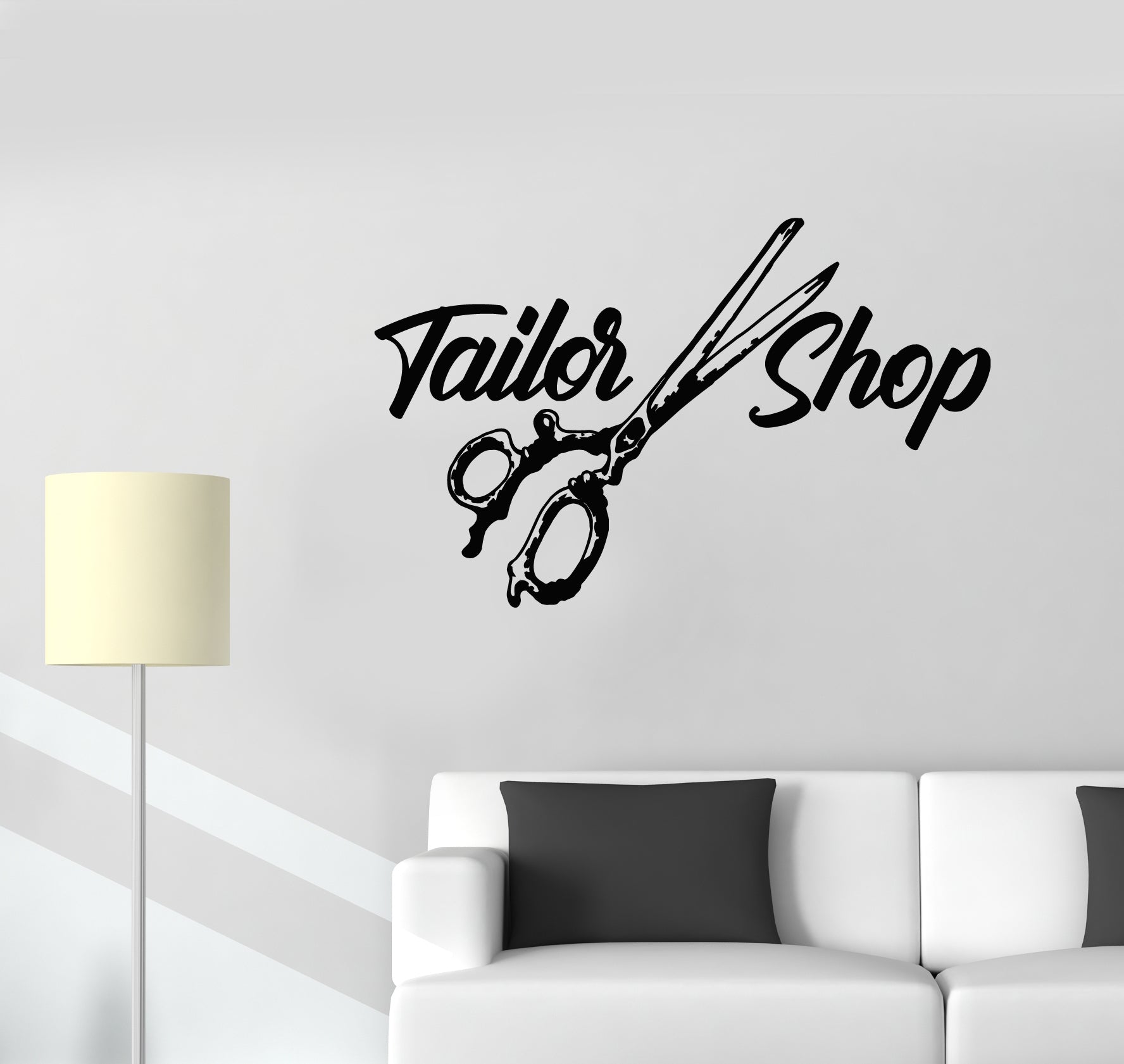 ANFRJJI Sewing Tailor's Wall Decal - Removable PVC Sticker with Sewing Forever Housework Whenever Quote and Sewing Machine Scissors Graphic - Effect 2
