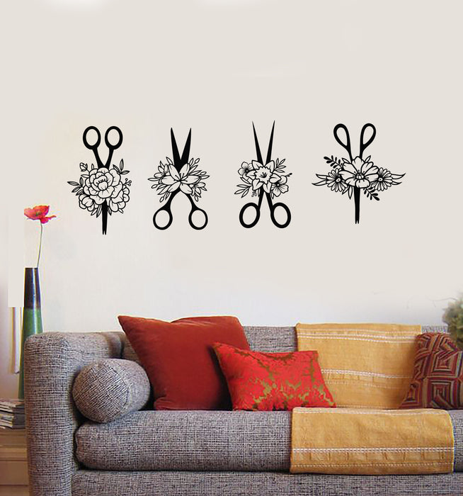 Vinyl Wall Decal Hair Beauty Salon Scissors Flowers Patterns Stickers Mural (g3941)