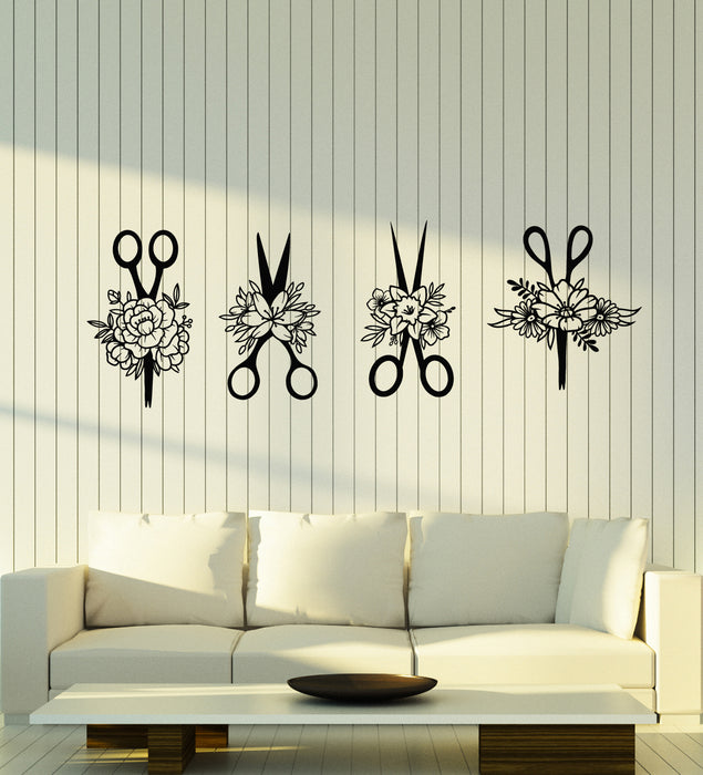 Vinyl Wall Decal Hair Beauty Salon Scissors Flowers Patterns Stickers Mural (g3941)