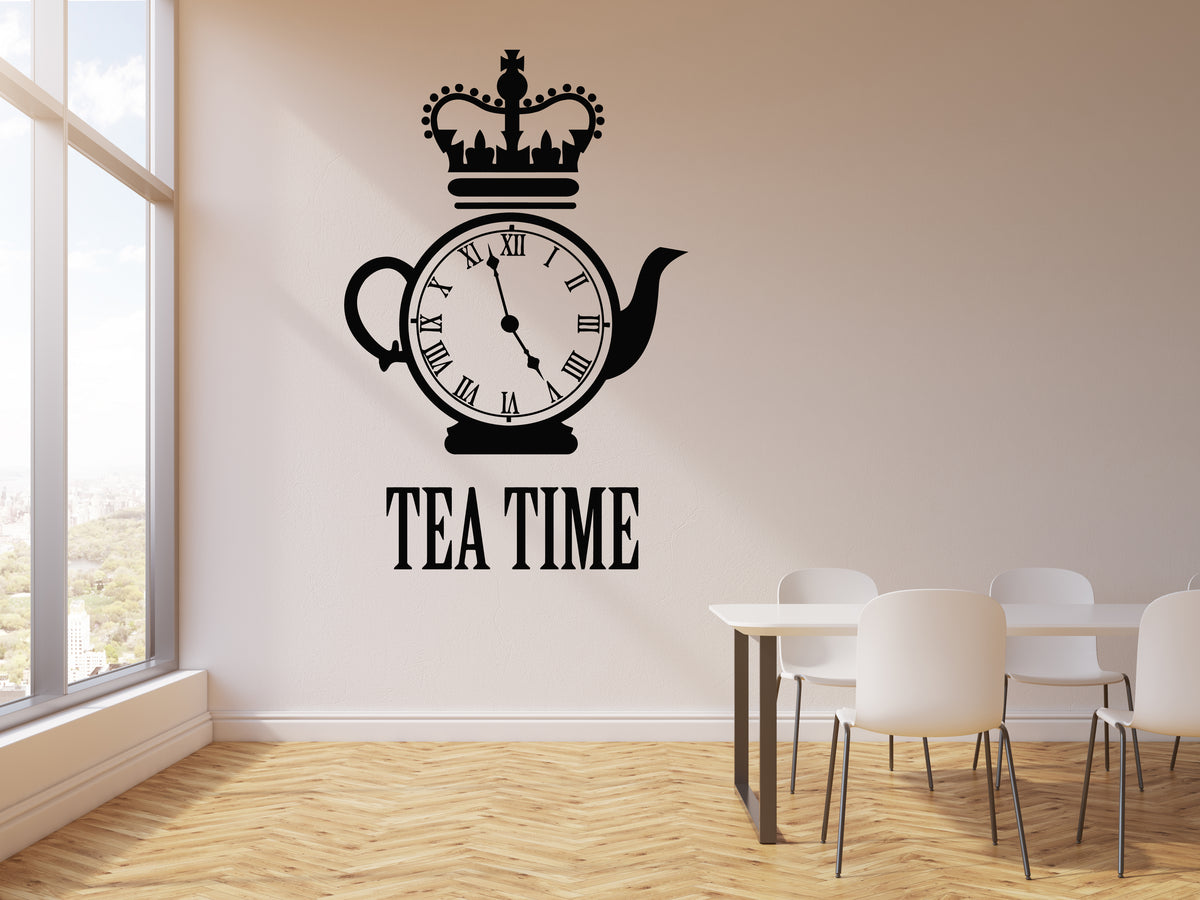 Vinyl Wall Decal Tea Time Clock Kettle Kitchen Restaurant Decor Sticke ...