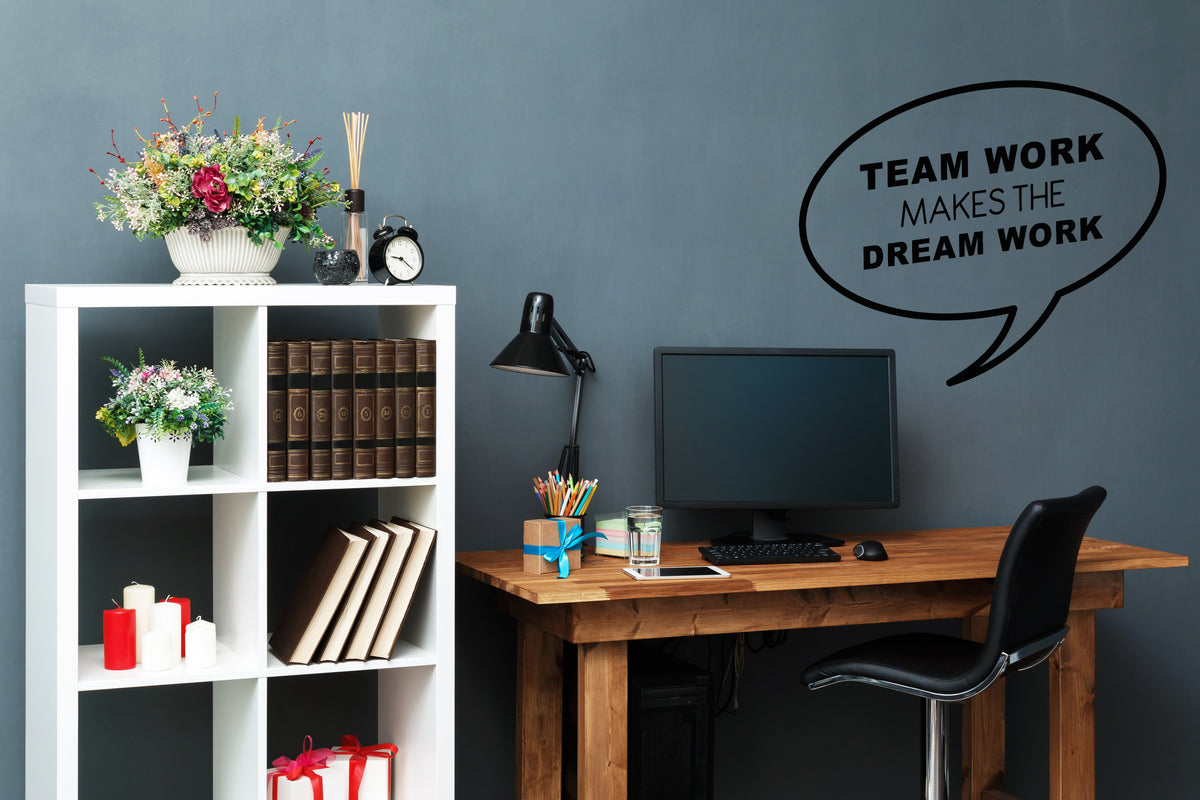 Vinyl Wall Decal Office Decor Phrase Team Work Makes Dream Works Stick ...