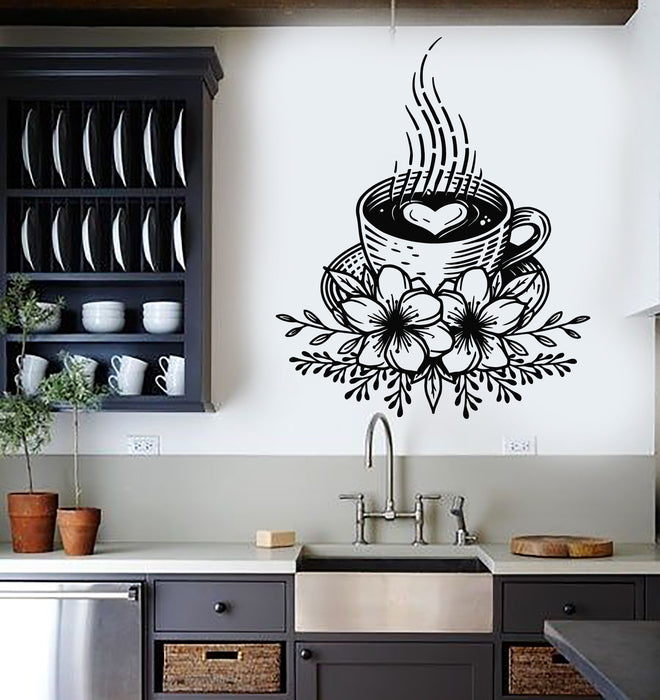 Vinyl Wall Decal Tea Time Cup Of Tea Kitchen Cafe Flowers Stickers Mural (g7434)