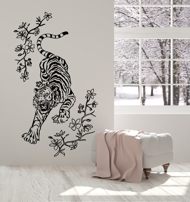 Vinyl Wall Decal Angry Tiger Oriental Decor Floral Ornament Stickers Mural (g5357)
