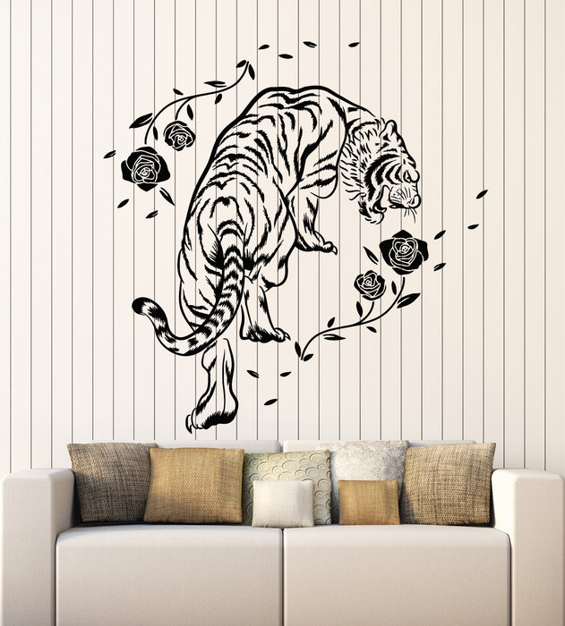 Vinyl Wall Decal Tiger Roses Flowers Wild Jungle Animals Stickers Mural (g5439)