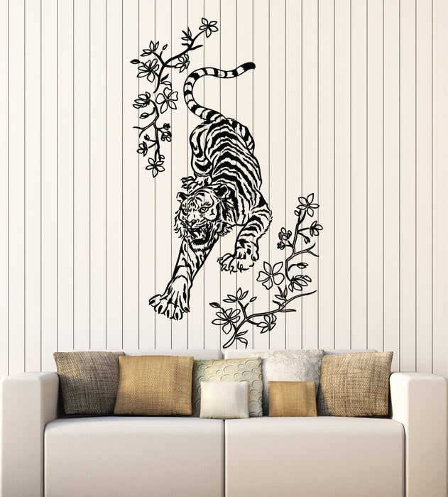 Vinyl Wall Decal Angry Tiger Oriental Decor Floral Ornament Stickers Mural (g5357)