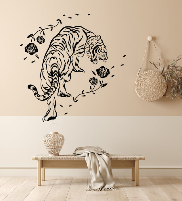 Vinyl Wall Decal Tiger Roses Flowers Wild Jungle Animals Stickers Mural (g5439)