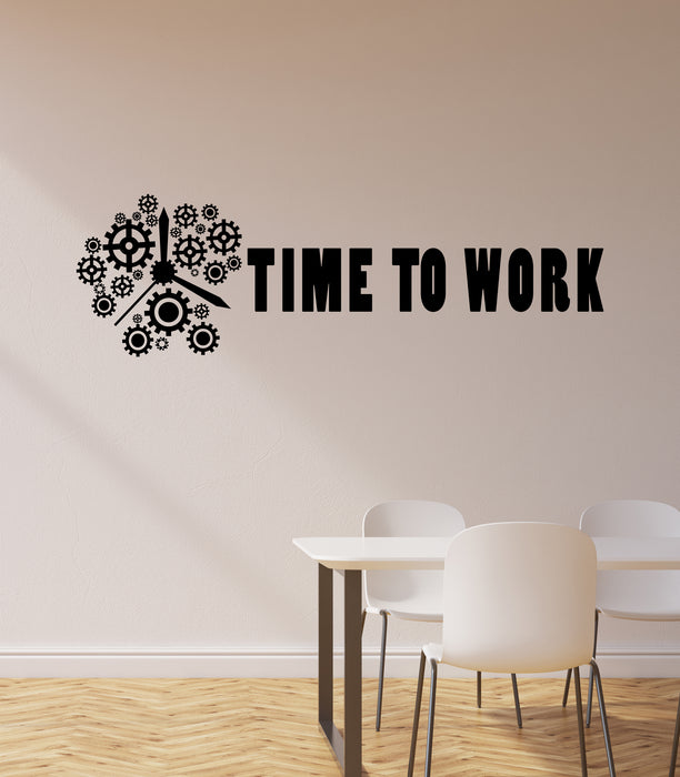 Vinyl Wall Decal Time to Work Gears Clock Office Motivational Phrase Business Success Stickers Mural (ig6199)