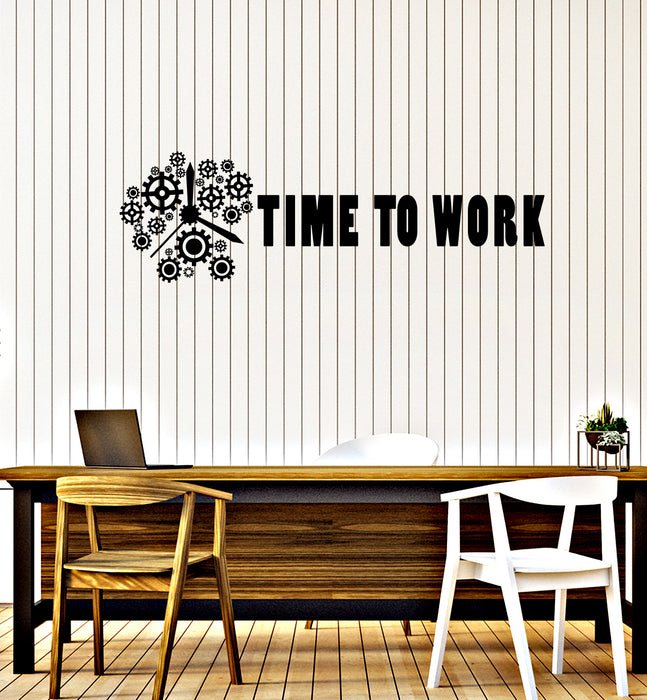 Vinyl Wall Decal Time to Work Gears Clock Office Motivational Phrase Business Success Stickers Mural (ig6199)