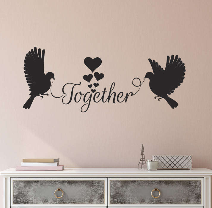 Together Vinyl Wall Decal Romantic Hearts Couple of Birds Lettering Stickers Mural (k179)