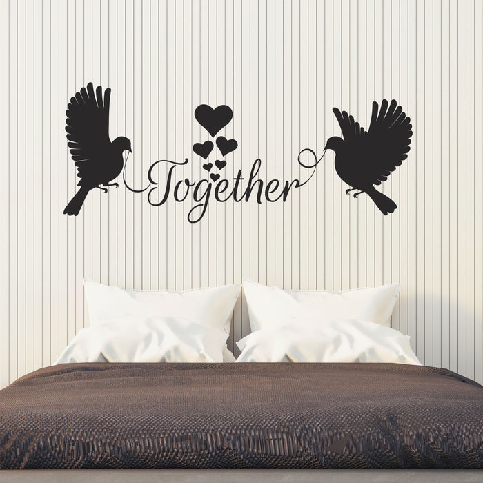 Together Vinyl Wall Decal Romantic Hearts Couple of Birds Lettering Stickers Mural (k179)