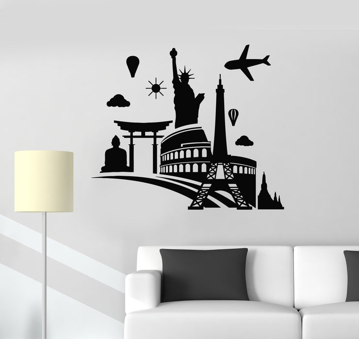 Vinyl Wall Decal World Tourism Day Eiffel Tower Airplane Statue of Liberty Stickers Mural (g925)