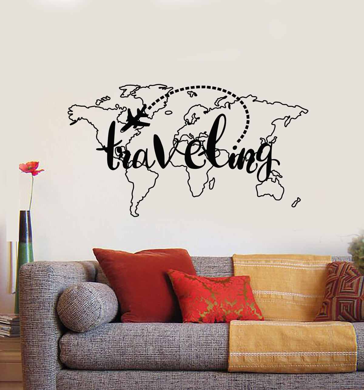 Vinyl Wall Decal Traveling Map Vacation Tourism Aircraft Country Stick ...