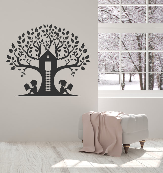 Tree and Child Vinyl Decal Tree House Foliage Books Decor for Library Stickers Mural (k220)