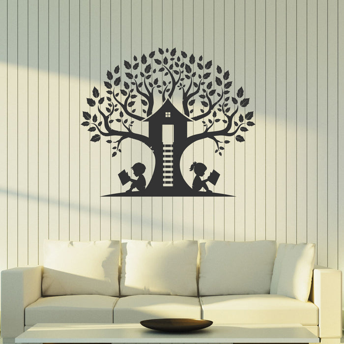 Tree and Child Vinyl Decal Tree House Foliage Books Decor for Library Stickers Mural (k220)