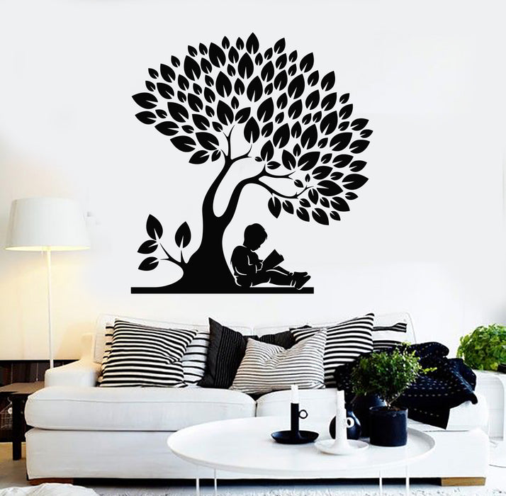 Vinyl Wall Decal Boy Reading Book Tree Leaves Library Bookworm Stickers Mural (g3599)