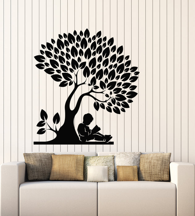 Vinyl Wall Decal Boy Reading Book Tree Leaves Library Bookworm Stickers Mural (g3599)