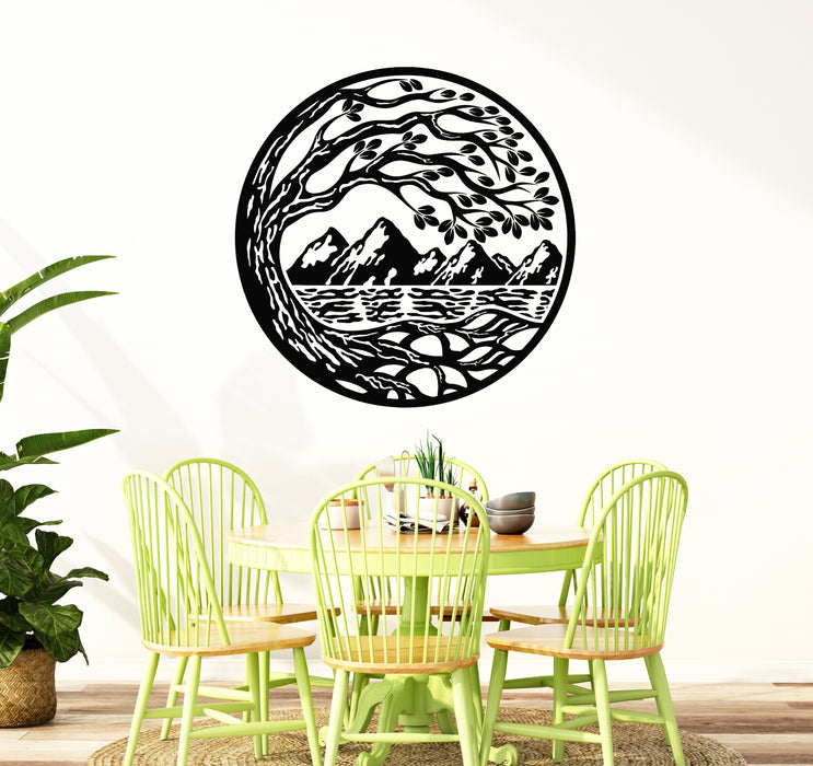 Vinyl Wall Decal Circle Landscape Branch Tree Mountains River Stickers Mural (g7213)