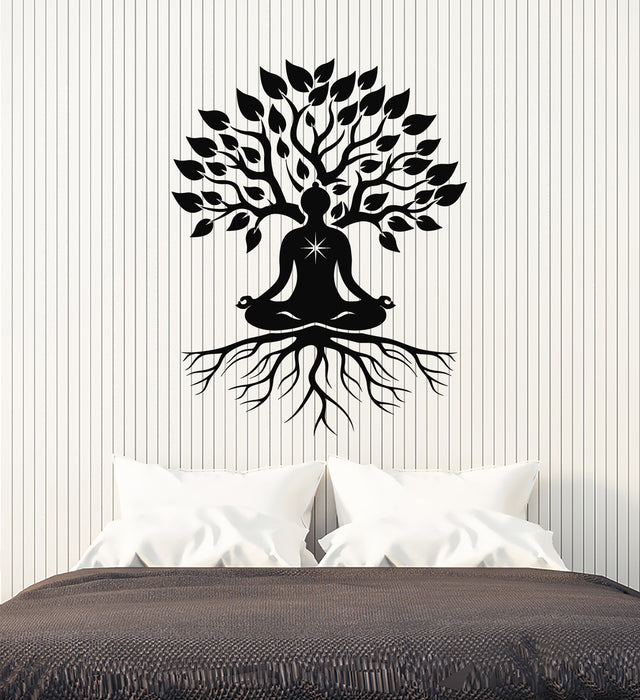 Vinyl Wall Decal Meditation Room Pose Lotus Zen Tree Roots Leaves Stickers Mural (g7497)