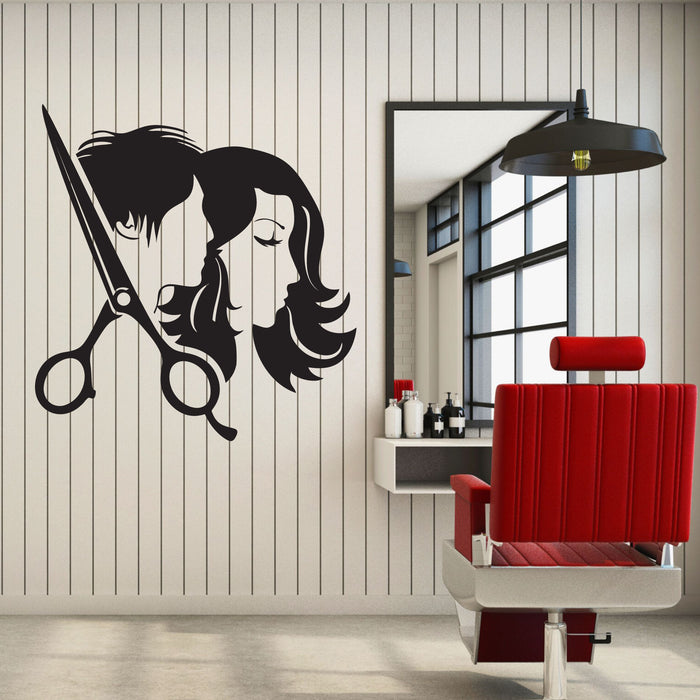 Two Heads Vinyl Wall Decal Men Woman Barber Beauty Salon Scissors Stickers Mural (k132)