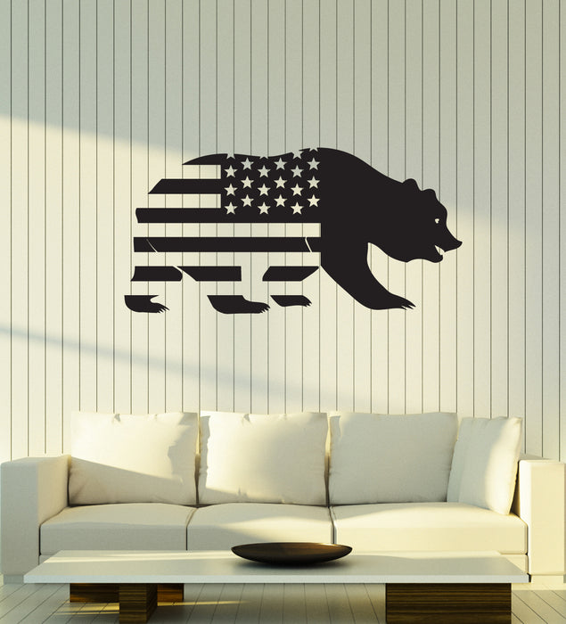 Vinyl Wall Decal California Grizzly Bear Patriotic USA Flag United States Stickers Mural (ig6102)