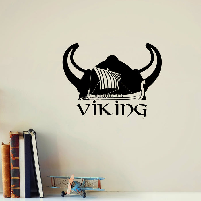 Viking Vinyl Wall Decal Helmet Horns Ship Lettering Stickers Mural (k263)
