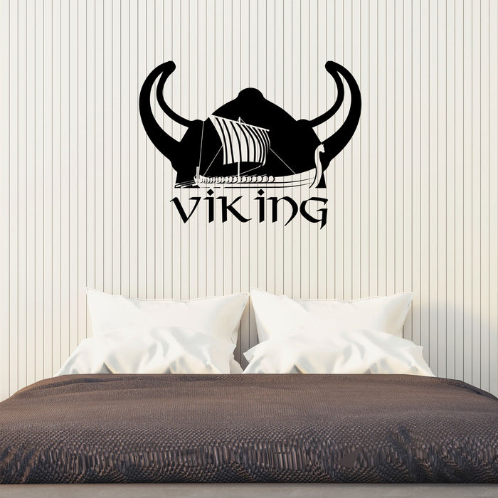 Viking Vinyl Wall Decal Helmet Horns Ship Lettering Stickers Mural (k263)