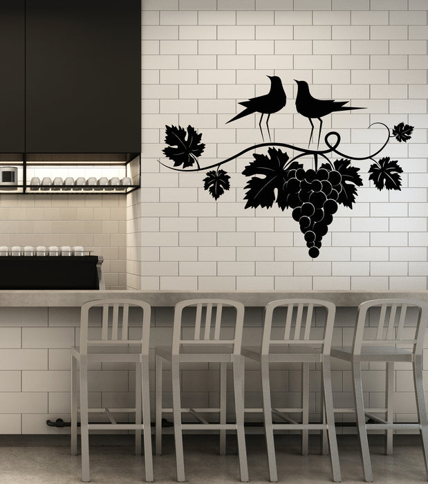 Vinyl Wall Decal Couple Birds Branch Vine Grape Wine Shop Stickers Mural (g7647)