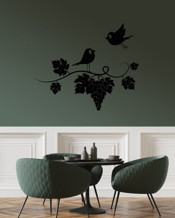 Vinyl Wall Decal Wine Kitchen Grapes Branch Vine Birds Fly Art Stickers Mural (g8131)