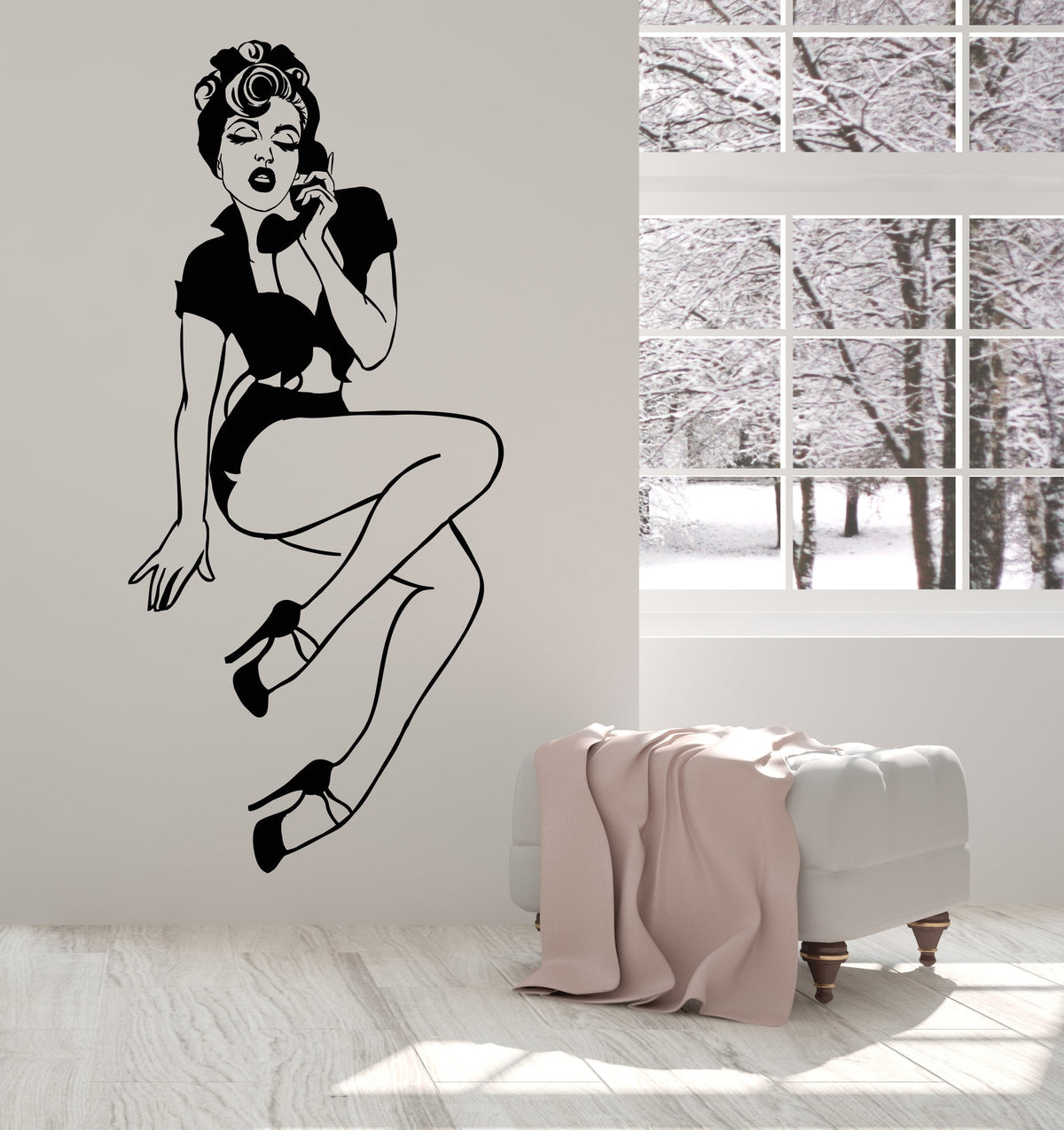 Vinyl Wall Deca Pin-Up Girl Style Sexy Retro Woman With Phone Stickers ...