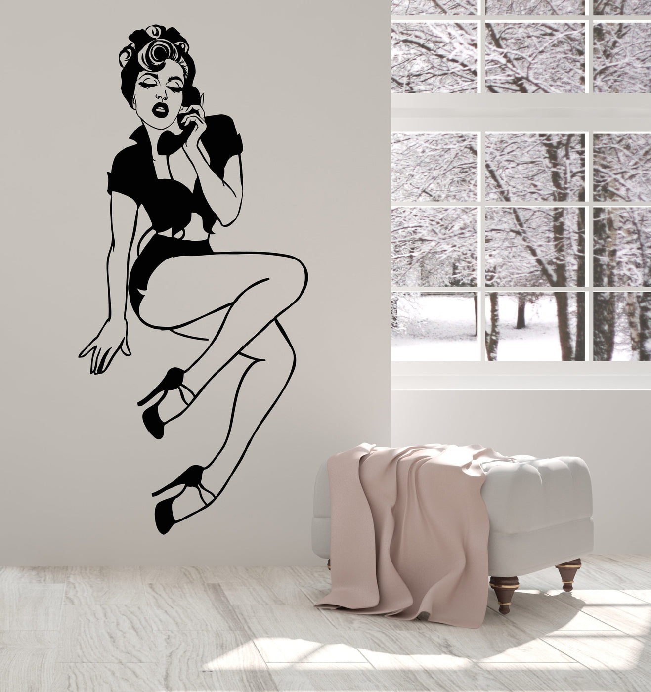 Vinyl Wall Deca Pin-Up Girl Style Sexy Retro Woman With Phone Stickers ...