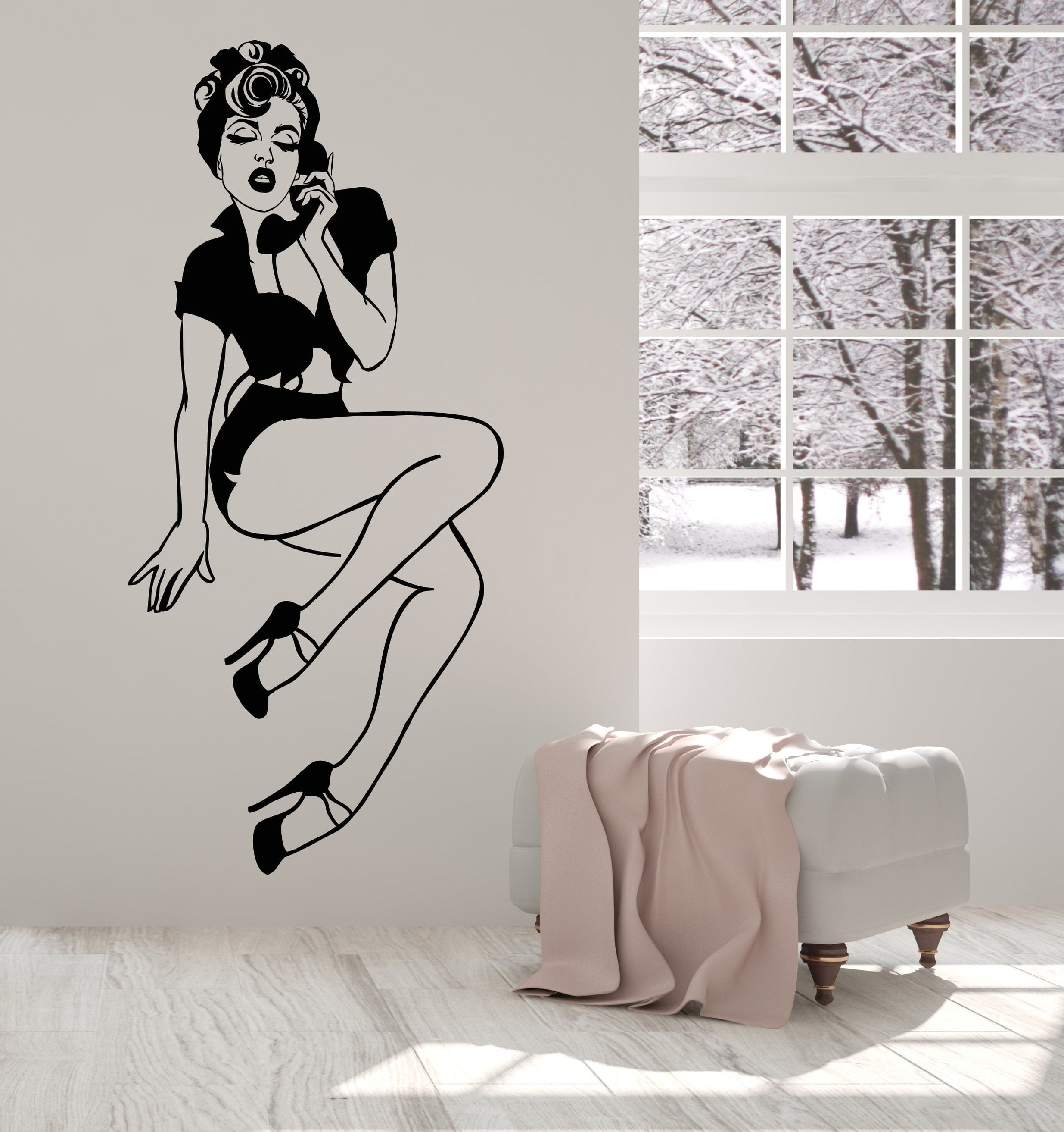 Vinyl Wall Deca Pin-Up Girl Style Sexy Retro Woman With Phone Stickers ...