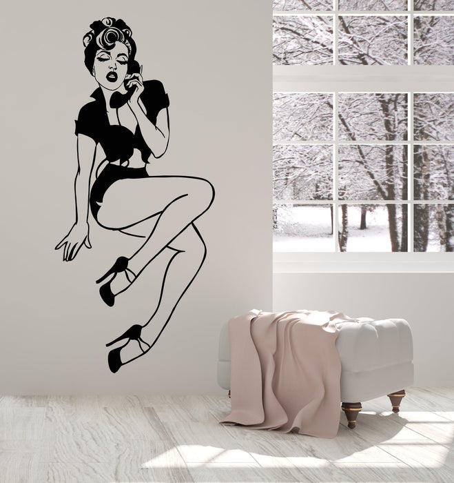 Vinyl Wall Deca Pin-Up Girl Style Sexy Retro Woman With Phone Stickers (2623ig)