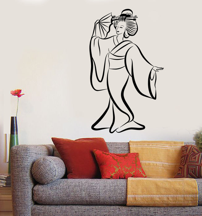 Vinyl Wall Decal Japanese Woman Asian Girl Geisha With Fan Stickers Unique Gift (1769ig)