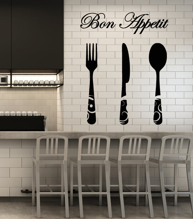 Vinyl Wall Decal Kitchen Decor Bon Appetite Quote Cutlery Fork Knife Stickers (2693ig)