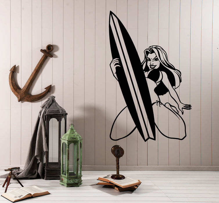 Vinyl Wall Decal Hot Sexy Surfer Girl In Swimsuit Surfing Surfboard Stickers (3157ig)