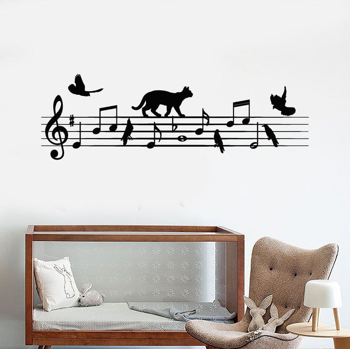 Vinyl Wall Decal Notes Music School Bird Cat Nursery Children's playroom Stickers Unique Gift (1035ig)