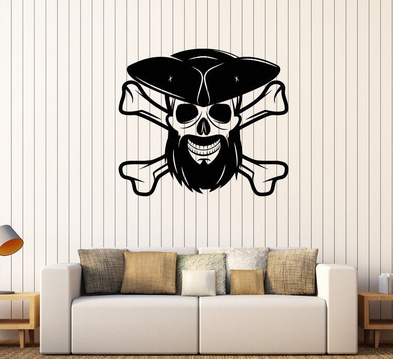 Vinyl Wall Decal Pirate Skull with Beard Boy Room Decorating Stickers Unique Gift (293ig)