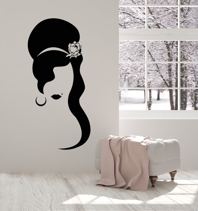 Vinyl Wall Decal Girl Hairstyle With Rose Flower Lips Beauty Spot Stickers (2630ig)