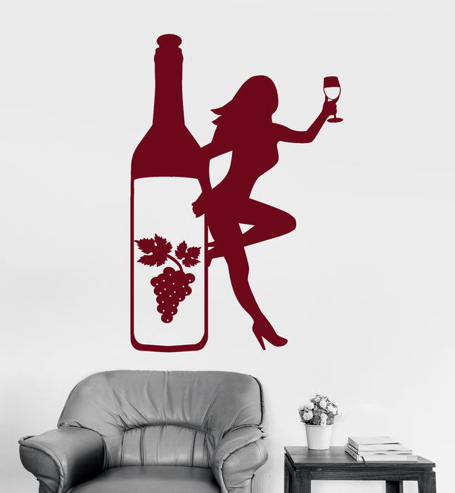 Vinyl Wall Decal Bottle Glass Wine Grapes Sexy Girl Alcohol Stickers (2162ig)