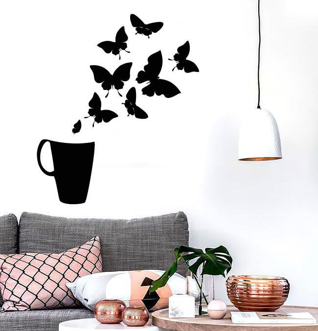 Vinyl Decal Coffee Cup House Shop Butterflies Kitchen Tea Wall Stickers Unique Gift (ig2726)
