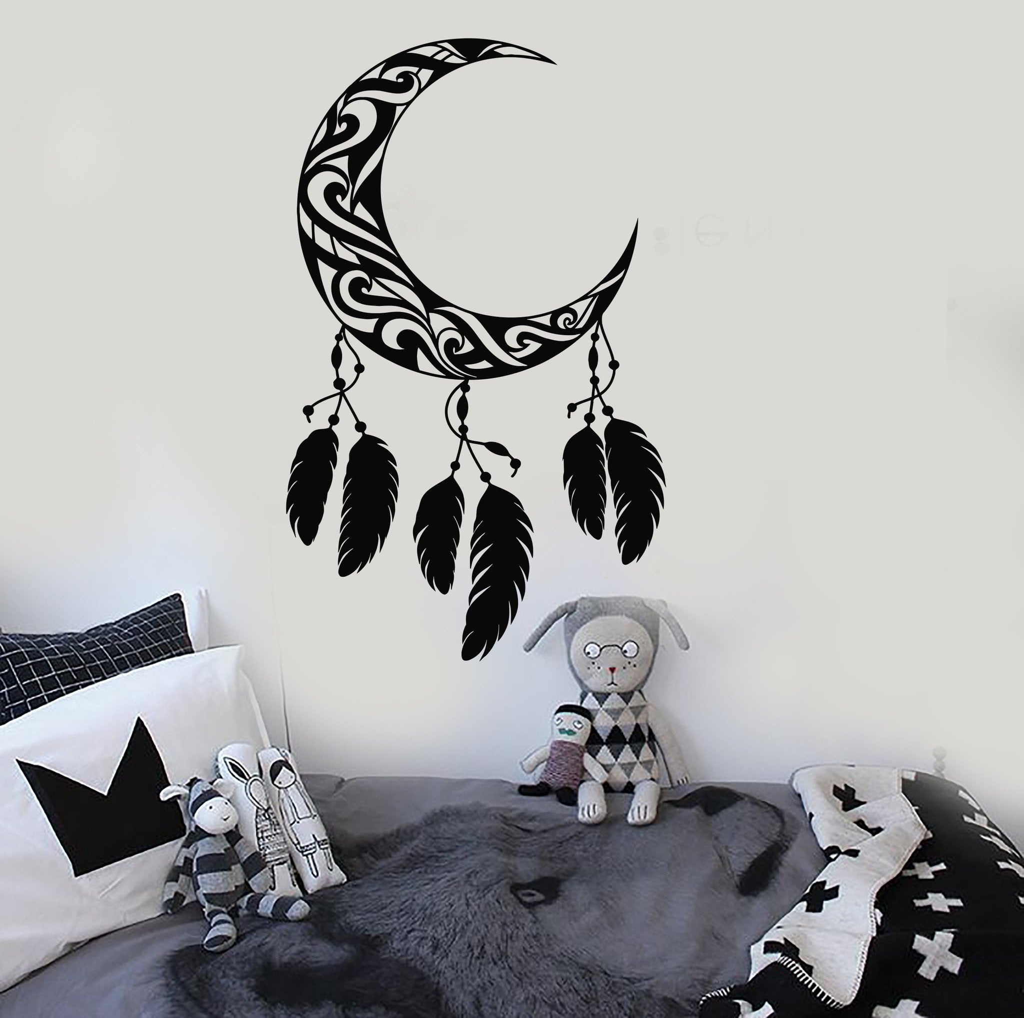 Vinyl Wall Decal Crescent Moon Feathers Dream Catcher Stickers Unique ...