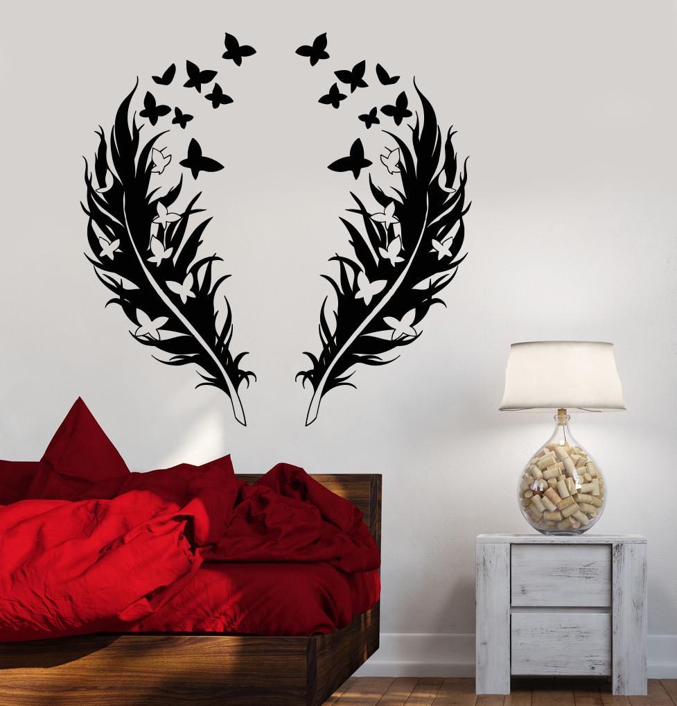 Vinyl Wall Decal Feathers Butterfly Love Romantic Bedroom Design Stick ...