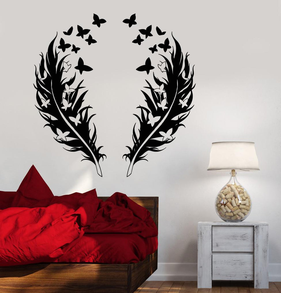 Vinyl Wall Decal Feathers Butterfly Love Romantic Bedroom Design Stick ...