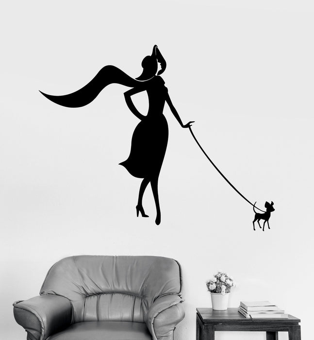 Vinyl Wall Decal Lady with Dog Fashion Style Beauty Woman Stickers Unique Gift (415ig)