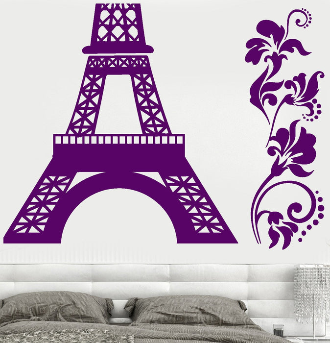 Vinyl Wall Decal France Paris Eiffel Tower Flowers Bedroom Design Stickers Unique Gift (791ig)