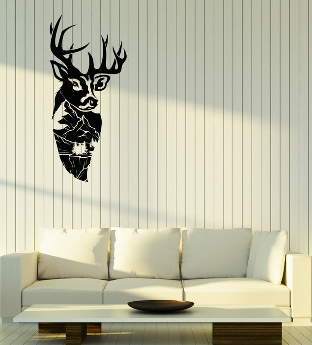 Vinyl Wall Decal Mountain Landscape Deer Head Forest Animal Stickers (4022ig)